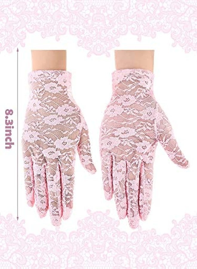 CHACKO Women Lace Gloves Tea Party Short Lace Gloves Courtesy Dressy Gloves for Wedding Dinner Party_Pink - Image 2
